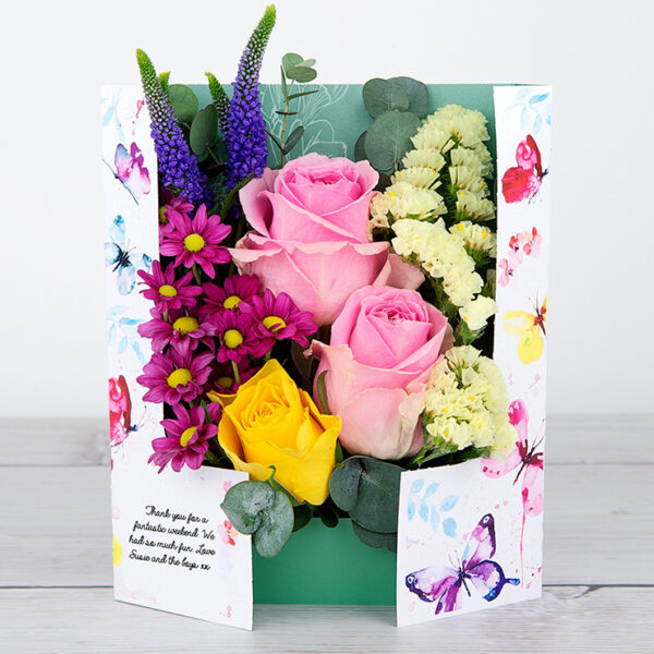 Flowercard with Purple Veronica, Pink Roses, Lemon Statice and Eucalyptus